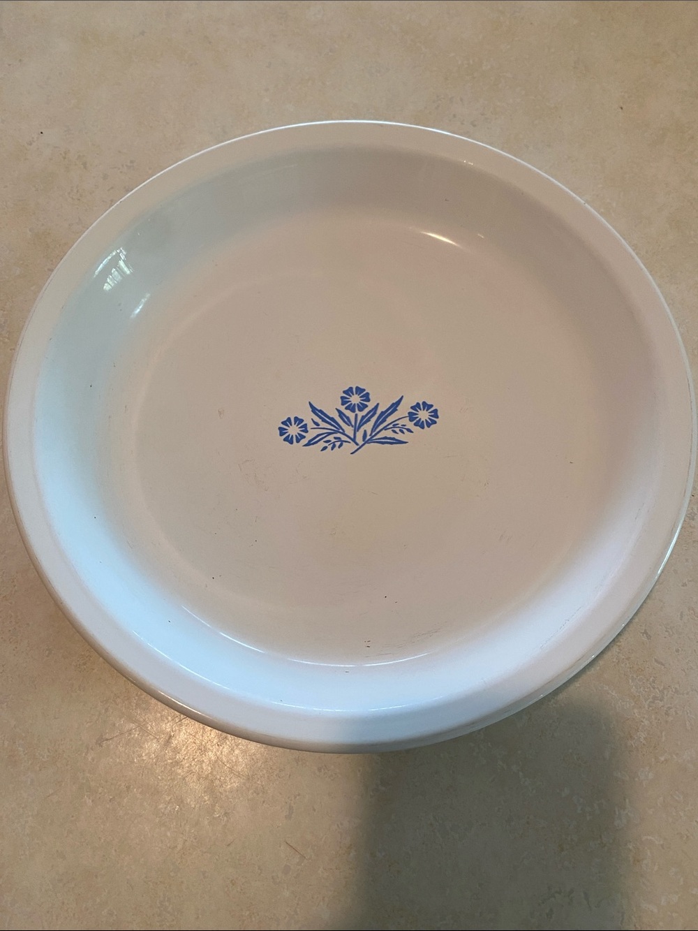 Vintage Corningwear White with Cornflower Blue Center Pie Plate Cottagecore